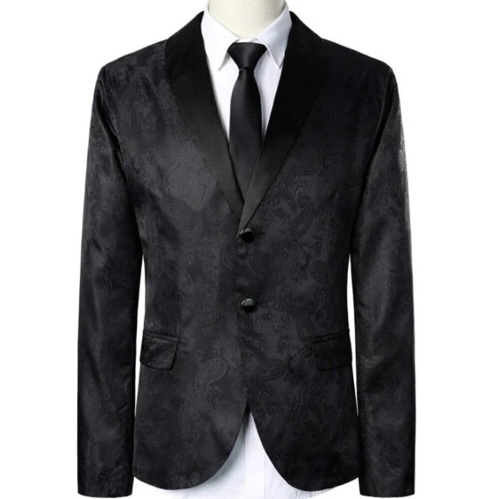 Shein Mens Blazer Jacket Black Jacquard Paisley Print Shawl Collar Sz S